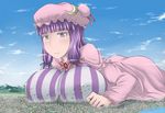  aircraft airplane between_breasts breasts city cloud covered_nipples day explosion giantess hat highres huge_breasts impossible_clothes impossible_shirt mountain patchouli_knowledge purple_eyes purple_hair shirt smile smoke solo striped striped_shirt terada_ochiko touhou 