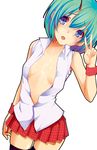  antennae bad_id bad_pixiv_id bare_shoulders black_legwear blue_eyes bun_(hiyokomame) cum cum_on_body cum_on_upper_body flat_chest green_hair open_clothes open_shirt shirt short_hair skirt sleeveless solo thighhighs touhou v wriggle_nightbug wristband 