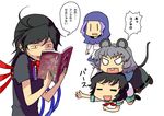  =_= ahoge all_fours animal_ears black_hair blue_hair book book_focus buck_teeth comic ebizome hood houjuu_nue kumoi_ichirin mouse_ears mouse_tail multiple_girls murasa_minamitsu nazrin reading tail touhou translated wings |_| 