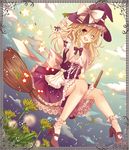  ;d bad_id bad_pixiv_id blonde_hair blush bobby_socks border bow braid broom broom_riding brown_eyes cloud curiosities_of_lotus_asia dandelion flower full_body gloves hair_bow hat high_heels holding kirisame_marisa long_hair nozomi_fuuten one_eye_closed open_mouth petals shoes single_braid sitting sky smile socks solo star touhou witch_hat wrist_cuffs 