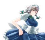  blue_dress bow braid breasts dress hair_bow highres izayoi_sakuya large_breasts looking_at_viewer maid maid_headdress red_eyes sash silver_hair solo tama_(speedgrapher) touhou twin_braids white_background 