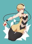  bare_shoulders blonde_hair blue_background blue_eyes breasts cleavage hand_on_hip headphones highres holding holding_poke_ball iroyopon kamitsure_(pokemon) pantyhose poke_ball pokemon pokemon_(game) pokemon_bw short_hair small_breasts solo 