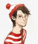  black_hair brown_eyes glasses hat j_(onose1213) male_focus signature solo striped wally where's_wally 