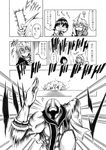  2boys :&lt; ahoge ayaya~ bad_id bad_pixiv_id cape chibi closed_eyes comic eating glasses greyscale hat hidefu_kitayan magigreen mahou_sentai_magiranger monochrome morichika_rinnosuke multiple_boys o_o running shameimaru_aya skirt tokin_hat touhou translated 