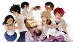  21grams 4boys akira_agarkar_yamada bad_id bad_pixiv_id bird black_hair blonde_hair closed_eyes doughnut duck eating food glasses haru_(tsuritama) long_hair multiple_boys red_hair sanada_yuki school_uniform short_hair skirt smile tapioka tsuritama turban usami_natsuki usami_sakura 