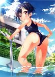  :o absurdres adjusting_clothes adjusting_swimsuit ass bare_legs black_hair blue_sky blush brown_eyes cloud day fence from_below highres ichi_makoto light_rays one-piece_swimsuit original outdoors parted_lips ponytail pool pool_ladder poolside refraction school_swimsuit sky solo sparkle sun sunbeam sunlight swim_cap swimsuit wading water wet 