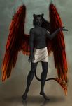  cat egyptian feathers feline fire green_eyes hair loincloth male mammal panther pascat_(character) phoenix robe silverone smoke solo standing toned 