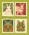  arrow blue_eyes colorful english_text feral fur green_background inspired_by_proper_art lagomorph looking_at_viewer louis_wain mammal plain_background rabbit red_eyes solo stamp text usamista white_fur 