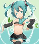  adapted_costume aqua_eyes aqua_hair bad_id bad_pixiv_id bandeau bare_shoulders breasts cleavage detached_sleeves hatsune_miku long_hair looking_at_viewer midriff navel necktie ribbon skirt small_breasts smile solo spring_onion tamakorogashi thighhighs twintails underboob vocaloid zettai_ryouiki 