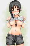  black_hair blush breasts brown_eyes hair_ornament hairclip haruyukiko idolmaster idolmaster_cinderella_girls medium_breasts navel nipples no_bra rookie_trainer shiny shiny_skin shirt_lift short_hair shorts smile solo stopwatch sweat trainer_(idolmaster) watch wristband 