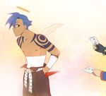  angel_wings bandages belt blue_hair envelope fingerless_gloves gloves halo hands_in_pockets heart kamina kamina_shades letter male_focus mosako red_eyes sarashi shirtless simon spoilers sunglasses tattoo tengen_toppa_gurren_lagann wings yoko_littner 