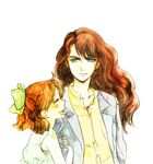  1girl age_difference arm_grab bishoujo_senshi_sailor_moon bow couple hair_bow happy height_difference hetero jacket long_hair looking_at_another nephrite_(sailor_moon) nobu_(25mark) oosaka_naru short_hair smile white_background 