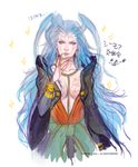  blue_eyes blue_hair breasts brown_hair center_opening claws cleavage final_fantasy final_fantasy_x genderswap genderswap_(mtf) j_(onose1213) large_breasts lips long_hair looking_away robe seymour_guado solo 