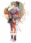  boots decora facepaint full_body green_eyes green_hair hatsune_miku long_hair open_mouth pantyhose ponytail runta simple_background solo spring_onion striped striped_legwear traditional_media vertical-striped_legwear vertical_stripes very_long_hair vocaloid watercolor_(medium) 