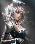  banned_artist blue_eyes breasts cleavage cyberpunk deviantart_sample gloves highres image_sample large_breasts looking_at_viewer original realistic sakimichan science_fiction simple_background watermark white_hair 