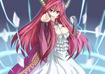  breasts cleavage clenched_hand dress eihou_(syou1022) horns large_breasts long_hair looking_at_viewer maou_(maoyuu) maoyuu_maou_yuusha parody pointing red_eyes red_hair solo 