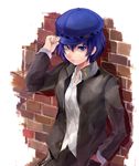  androgynous blue_eyes blue_hair breasts cabbie_hat crossdressing hand_in_pocket hand_on_headwear hat jacket looking_at_viewer pants persona persona_4 school_uniform serious shirogane_naoto small_breasts solo sowamame standing 