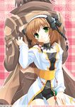  1girl 2012 alvin_(tales) artist_name back-to-back bike_shorts bow brown_hair coat dated detached_collar flower green_eyes hair_bow hairband leia_rolando minazoi_kuina short_hair smile tales_of_(series) tales_of_xillia 