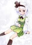  black_hairband black_legwear blue_eyes breasts hair_ribbon hairband hand_on_own_stomach highres kneehighs konpaku_youmu md5_mismatch nanaroku_(fortress76) ribbon short_hair silver_hair sitting small_breasts smile solo touhou wet wet_clothes 