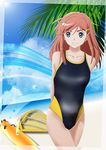  ahoge arms_behind_back bad_id bad_pixiv_id bangs beach black_swimsuit blue_eyes blurry bokeh border breasts cloud collarbone cowboy_shot day depth_of_field dutch_angle eyebrows_visible_through_hair grin hair_ornament hairclip horizon katou_marika long_hair looking_at_viewer miniskirt_pirates ocean one-piece_swimsuit outdoors palm_tree parted_bangs pink_hair shadow sky small_breasts smile standing sun swept_bangs swimsuit transparent tree wanco water windsurfing 
