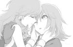  1girl blue_(pokemon) closed_eyes earrings gloves greyscale hirosuke_(psychexx) hug hug_from_behind jewelry long_hair monochrome pokemon pokemon_special silver_(pokemon) smile white_background wristband 