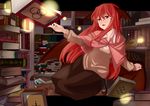 alternate_costume bat_wings bespectacled book bookshelf cape floating_book glasses head_wings highres koakuma library light_particles long_hair nechio open_mouth outstretched_hand red_eyes red_hair room shirt skirt solo touhou voile wings 