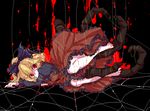  bad_id bad_pixiv_id blonde_hair bow breasts dress fingernails hair_bow insect_girl kurodani_yamame long_fingernails lying on_side red_eyes shimana_(cs-ts-az) short_hair silk small_breasts smile solo spider_girl spider_web touhou 