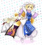  bad_id bad_pixiv_id blonde_hair closed_eyes dress fox_tail glomp hat heart hug hug_from_behind long_hair long_sleeves multiple_girls multiple_tails open_mouth outstretched_arms scarlet_0915 short_hair tabard tail touhou white_dress wide_sleeves yakumo_ran yakumo_yukari yellow_eyes yin_yang 