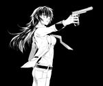  black_background breasts cowboy_shot greyscale gun handgun humio_(oriba) long_hair medium_breasts monochrome necktie older persona persona_4 persona_x_detective shirogane_naoto simple_background weapon 