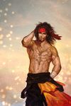  2012 bad_id bad_pixiv_id beard black_hair chest_tattoo copyright_name facial_hair final_fantasy final_fantasy_x headband j_(onose1213) jecht male_focus red_eyes scar shirtless shorts smile solo tattoo 