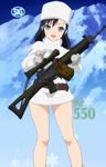  absurdres assault_rifle black_hair blue_eyes fur_coat fur_hat gun hat highres legs mittens mountain open_mouth pointing pointing_at_viewer product_placement rifle scope screencap sg550_(upotte!!) sig_550 sig_sauer sling smile snowflakes stitched third-party_edit upotte!! weapon 