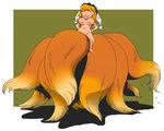 :&lt; barefoot blonde_hair breasts brown_background fox_tail frown full_body hands_on_hips hat high_contrast large_breasts multiple_tails navel nude onikobe_rin short_hair simple_background solo tail tail_stand touhou yakumo_ran 