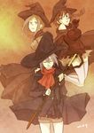  brown_hair closed_eyes grey_hair hat kingfrogs maoyuu_maou_yuusha multiple_girls onna_mahoutsukai_(maoyuu) purple_eyes scarf simple_background staff witch witch_hat 