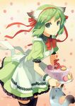  absurdres animal_ears apron birthday black_legwear bow bowtie cake candle food green_eyes green_hair greenwood h2so4 hair_ribbon highres looking_at_viewer midori_(greenwood) original pastry ribbon short_hair smile solo thighhighs waitress wrist_cuffs 