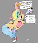  &lt;3 bonkers_(vimhomeless) buckteeth dialogue ear_piercing english_text female flat_chested freckles hair lagomorph male mammal multicolored_hair offscreen_character piercing rabbit rainbow_hair smile solo_focus speech_bubble teeth text tongue tongue_piercing vimhomeless wide_hips 