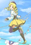  beret blonde_hair boots clothesline detached_sleeves drill_hair hair_ornament hat magical_girl mahou_shoujo_madoka_magica skirt smile solo taruya thighhighs tomoe_mami twin_drills twintails yellow_eyes 
