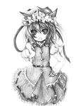  greyscale hand_on_hip kurona looking_at_viewer monochrome open_mouth ribbon shiki_eiki short_hair simple_background solo touhou white_background 