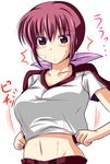  blush breasts gym_uniform hair_ribbon highres hoshizora_ikuyo inconvenient_breasts large_breasts midriff navel nishi_koutarou ponytail precure red_eyes red_hair ribbon shirt smile_precure! solo taut_clothes taut_shirt undersized_clothes 