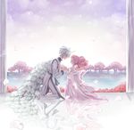  1girl back_bow bishoujo_senshi_sailor_moon bow chibi_usa closed_eyes double_bun dress feathered_wings feathers flower hand_on_own_chest helios_(sailor_moon) holding_hands kneeling lake pink_hair reflection rose sky small_lady_serenity smile tree twintails white white_dress wings yamaguchi_mococo 