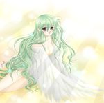  feathered_wings feathers green_hair harpy long_hair lowres monster_girl pointy_ears red_eyes signature solo wings yui_(heart_wash) 