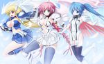  ahoge angel_wings astraea blonde_hair blue_eyes blue_hair boots breasts chain collar feathers gloves green_eyes ikaros jerry large_breasts long_hair multiple_girls navel nymph_(sora_no_otoshimono) pink_hair red_eyes skirt smile sora_no_otoshimono thighhighs white_gloves wings 