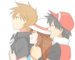  2boys alternate_costume baseball_cap black_hair blue_(pokemon) brown_hair grin hat hirosuke_(psychexx) hug hug_from_behind jewelry multiple_boys necklace ookido_green pokemon pokemon_special red_(pokemon) smile spiked_hair white_background 