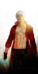  copyright_name dante_(devil_may_cry) devil_may_cry devil_may_cry_3 fingerless_gloves gloves groin j_(onose1213) jacket male_focus open_clothes open_jacket realistic red_jacket silver_hair solo white_hair 