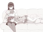  akemi_homura bow couch cushion hairband lap_pillow long_hair mahou_shoujo_madoka_magica monochrome multiple_girls navel pantyhose removing_eyewear sakura_kyouko saliva school_uniform shorts skirt sleeping uruo 