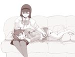  akemi_homura bow couch cushion hairband jewelry lap_pillow long_hair mahou_shoujo_madoka_magica midriff monochrome multiple_girls navel panties pantyhose ring sakura_kyouko saliva school_uniform shorts skirt sleep_molestation sleeping underwear unzipping uruo 