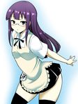  apron badge bespectacled black_legwear blue_eyes glasses halftone halftone_background leaning_forward long_hair outstretched_arms parted_lips purple_hair skirt solo thighhighs tsurime waitress wakame working!! yamada_aoi zettai_ryouiki 