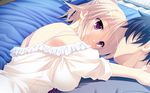  1girl armpits arms_around_neck back bangs bare_shoulders bed black_hair blue_ribbon blush bra bra_strap breast_press breasts casual closed_mouth couple dress dutch_angle eye_contact faceless faceless_male frilled_dress frills from_above from_side game_cg grey_shirt hair_between_eyes hair_ribbon happy hetero high_ponytail hug indoors kikurage_(plastic_people) large_breasts light_smile looking_at_another lying minami_wakana off_shoulder on_bed on_side parted_bangs pillow pink_bra ponytail purple_eyes red_ribbon ribbon shirt short_hair short_ponytail sleeves_rolled_up smile spaghetti_strap underwear upper_body white_dress white_hair yamagami_kentarou zutto_tsukushite_ageru_no! 