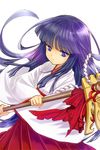  bangs blue_eyes blunt_bangs furude_rika gohei hakama haraegushi higurashi_no_naku_koro_ni hoe japanese_clothes long_hair long_sleeves looking_away miko nanamura oonusa parted_lips purple_hair red_hakama simple_background solo white_background 