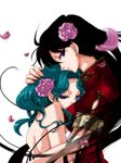  ahoge aqua_hair bare_back bishoujo_senshi_sailor_moon black_hair chinese_clothes colored_eyelashes eyelashes floating_hair flower hair_flower hair_ornament hand_on_another's_head hino_rei hug kaiou_michiru kinako_(kota6) multiple_girls petals profile rose rose_petals short_sleeves white_background yuri 