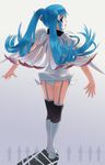  ???_(artist) absurdres black_legwear blue_eyes blue_hair blush boots garter_straps highres long_hair looking_back nymph_(sora_no_otoshimono) open_mouth panties solo sora_no_otoshimono standing thighhighs twintails underwear wings 